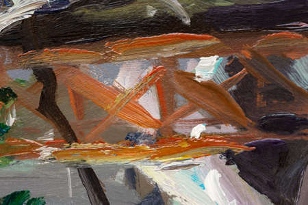 Multicolored abstract painting. Brown white beige green brush strokes. Oil background textures. A fragment of an oil painting. Expression, vital movement. concept art. original artistic backgroundの写真素材