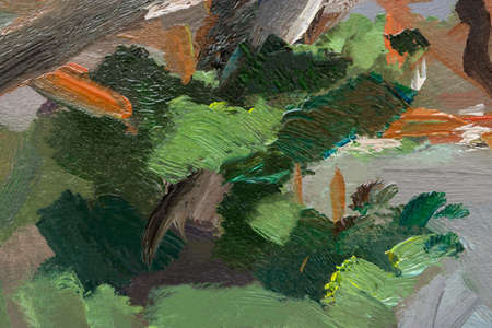 Multicolored abstract painting. Brown white beige green brush strokes. Oil background textures. A fragment of an oil painting. Expression, vital movement. concept art. original artistic backgroundの写真素材