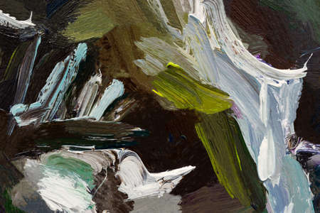 Multicolored abstract painting. Brown white beige green brush strokes. Oil background textures. A fragment of an oil painting. Expression, vital movement. concept art. original artistic backgroundの写真素材