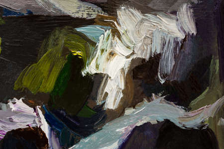 Multicolored abstract painting. Brown white beige green brush strokes. Oil background textures. A fragment of an oil painting. Expression, vital movement. concept art. original artistic backgroundの写真素材