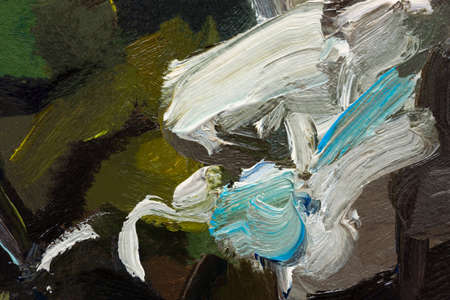 Multicolored abstract painting. Brown white beige green brush strokes. Oil background textures. A fragment of an oil painting. Expression, vital movement. concept art. original artistic backgroundの写真素材