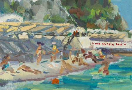 Beach sea summer people gouache painting. A quick sketch. Sketch of people bathing on the beach in the turquoise sea. Summer artistic author's postcard. Modern Impressionism. Tourism travel conceptの写真素材
