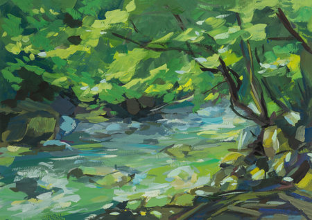 Green forest river gouache painting. Colorful summer landscape. Illustration of a green forest with a mountain river. The concept of coolness tranquility peace. Modern art impressionism. Summer moodの写真素材