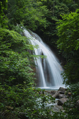 Waterfall green forest. Summer beautiful cool landscape in the forest with a mountain river. natural vertical background. A stream of clear water falls from a cliff. The concept of summer freshnessの写真素材