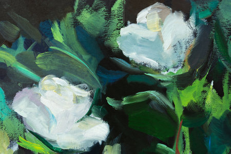 white rose oil painting. Author's oil illustration. The texture of the brushstrokes in close-up. White flowers on a green dark background. vintage paint drawing. Artwork, modern impressionismの写真素材