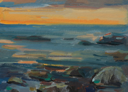 Sea stones oil painting. Summer abstract art background. Natural orange-blue wavy texture. Impressionist paintings. Seascape at sunset. The concept of summer holidays. Contemporary Art for Designの写真素材