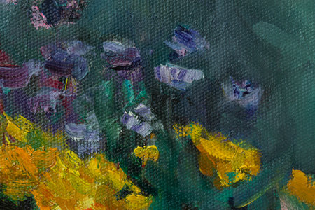 Abstract flower oil painting. Summer evening floral background. Yellow and purple asters bloom in the garden. Author's illustration with oil paints on canvas. Unusual bright contrasting pattern.の写真素材