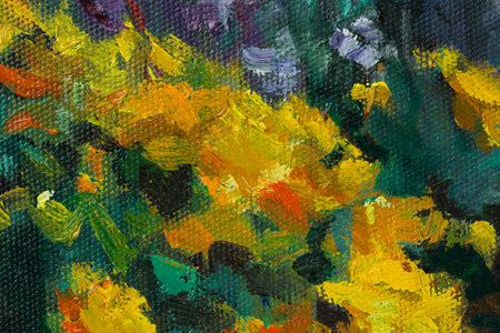 Abstract flower oil painting. Summer evening floral background. Yellow and purple asters bloom in the garden. Author's illustration with oil paints on canvas. Unusual bright contrasting pattern.の写真素材