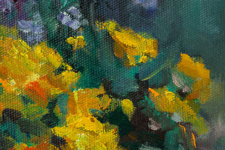 Abstract flower oil painting. Summer evening floral background. Yellow and purple asters bloom in the garden. Author's illustration with oil paints on canvas. Unusual bright contrasting pattern.の写真素材