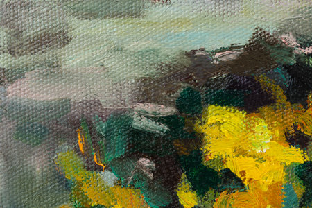 Abstract flower oil painting. Summer evening floral background. Yellow and purple asters bloom in the garden. Author's illustration with oil paints on canvas. Unusual bright contrasting pattern.の写真素材