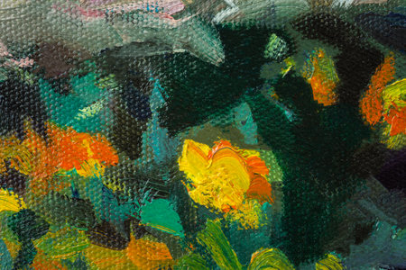 Abstract flower oil painting. Summer evening floral background. Yellow and purple asters bloom in the garden. Author's illustration with oil paints on canvas. Unusual bright contrasting pattern.の写真素材