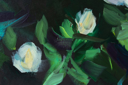Green white black abstract painting. Abstract background fragment of oil painting. Creative shapes of white flowers and green leaves. Author's illustration for design. contemporary art handmadeの写真素材