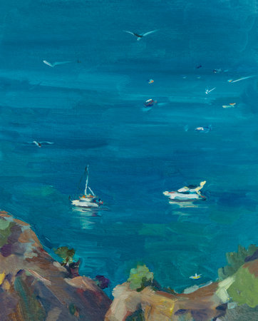 Yachts sea oil painting. Top view of snow-white boats in the turquoise ocean. The concept of summer, rest. tourism. Original author's work. Modern art for the design of packages, booklets, notebooksの写真素材