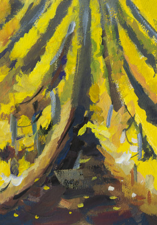 Autumn vineyards gouache painting. Original author's work. Colorful abstract autumn landscape. Yellow rows vertically. golden autumn concept. Modern art for the design of packages, booklets, notebooksの写真素材