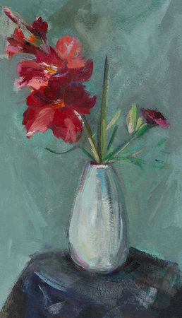 Gladioli oil painting. Original author's work. Colorful summer still life. Illustration with oil paints. Cute gift flowers for your birthday. Modern art for the design of packages, booklets, notebooksの写真素材