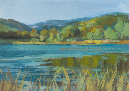 Autumn landscape lake gouache painting. Beautiful calm pastel autumn landscape. The author's illustration is handmade. Modern art realism painting. Layout for the design of notebooks, postcardsの写真素材