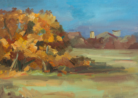 Autumn rural landscape oil painting. Sunny rustic autumn landscape, house. The author's painting, a quick sketch from nature. horizontal composition. Layout for creative design. golden autumn conceptの写真素材