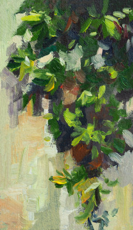 Green leaves oil painting. natural abstract wall. Wild grape leaves on a beige background. vertical composition. Author's oil painting. Contemporary art is handmade. Creative close-up strokes, vintageの写真素材