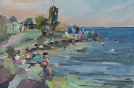 beach sea oil painting. A quick sketch. Sketch of vacationers, bathing people on the beach and in the sea. Summer artistic background, the concept of a resort, recreation. Modern bright impressionism.の写真素材
