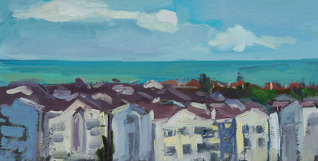 Buildings roofs oil painting. Colorful illustration from nature. Quick sketch view of houses and the sea. Author's illustration, original postcard. Modern oil painting, art. panorama of the cityの写真素材
