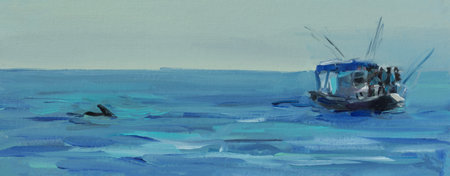 Sea boat fishermen oil painting. Horizontal sketch with a dolphin and fishermen. The concept of sea adventures. Children's drawing. Author's handmade modern art realism. Tropical landscape sea travelの写真素材