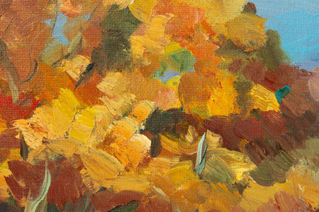 Autumn rural landscape oil painting. Sunny rustic autumn landscape, house. The author's painting, a quick sketch from nature. horizontal composition. Layout for creative design. golden autumn conceptの写真素材