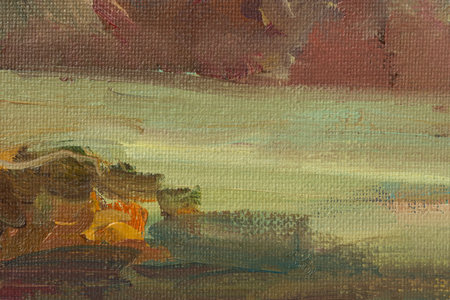 Autumn rural landscape oil painting. Sunny rustic autumn landscape, house. The author's painting, a quick sketch from nature. horizontal composition. Layout for creative design. golden autumn conceptの写真素材