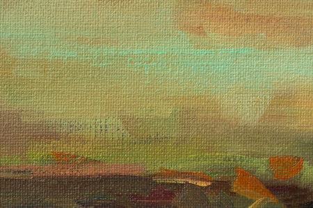 Autumn rural landscape oil painting. Sunny rustic autumn landscape, house. The author's painting, a quick sketch from nature. horizontal composition. Layout for creative design. golden autumn conceptの写真素材