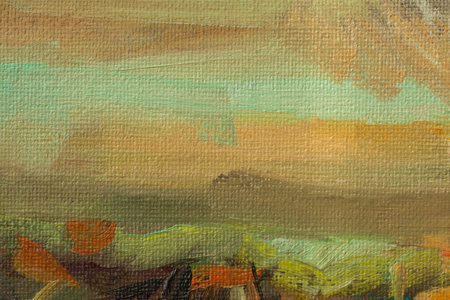 Autumn rural landscape oil painting. Sunny rustic autumn landscape, house. The author's painting, a quick sketch from nature. horizontal composition. Layout for creative design. golden autumn conceptの写真素材