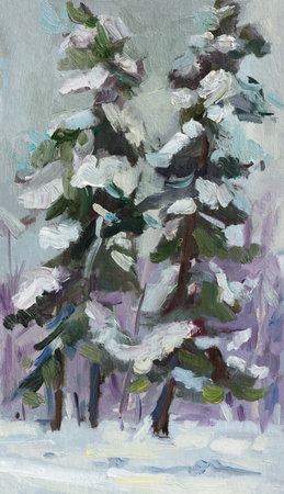 Winter two spruce oil painting. vertical winter landscape. Author's illustration with oil paints. Cover for notebooks sketchbooks website design. Fabulous New Year cozy mood. modern realistic paintingの写真素材