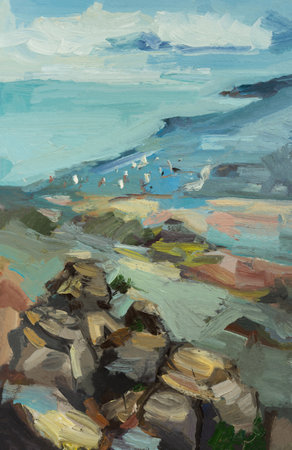 Abstract mountains oil painting. Author's modern painting. Light blue haze gentle atmospheric background. Beautiful mountain autumn landscape. View from the top of the sea. illustration for designの写真素材