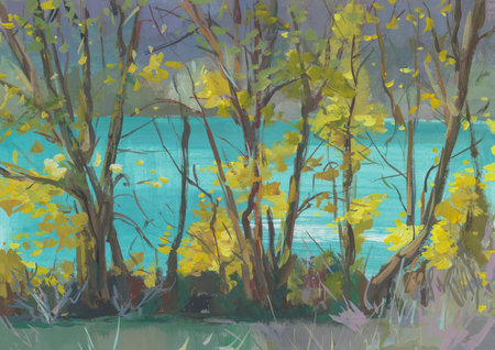 Autumn landscape lake gouache painting. Beautiful calm pastel autumn landscape. The author's illustration is handmade. Modern art realism in painting. Layout for the design of notebooks, postcardsの写真素材