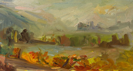 Abstract orange oil painting. Orange yellow brown shades of paint on canvas. Autumn landscape with vineyards. Horizontal banner. Modern art for the design of websites, notebooks, printed productsの写真素材