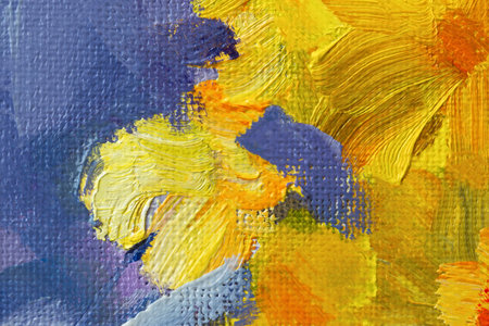 Yellow-purple abstract background oil painting. Brush strokes close-up. Authentic author's painting. Conceptual art drawing. Fashionable background for posters postcards invitations. Contemporary artの写真素材