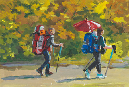 Tourists hiking painting. A man and a woman with backpacks are walking along the road. The concept of an active lifestyle, outdoor recreation with tents. Family in the forest. The author's paintingの写真素材
