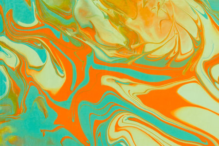 Turquoise orange beige acrylic fluid art. Abstract creative spring background. Artistic floral background. Dynamic lines, movement, contrast splash. Design of holiday cards. Fashionable marble textureの写真素材