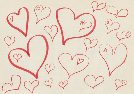 Red hearts drawing paper. Handmade hearts on beige paper. Author's illustration. Beautiful design for Valentine's Day. Drawing for packages books notebooks printing products. Love and romance conceptの写真素材
