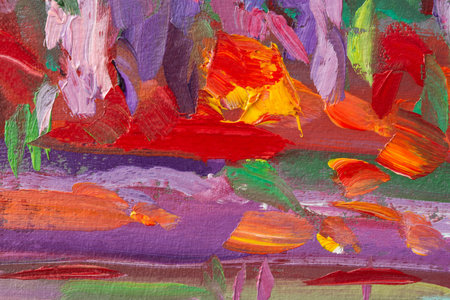 Abstract multicolored background oil painting. Artistic mixed background. Close-up paint strokes on canvas. Conceptual cheerful picturesque background. Floral spring background fragment of a paintingの写真素材