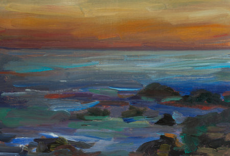 Sea stones oil painting. Summer abstract art background. Natural orange-blue wavy texture. Impressionist paintings. Seascape at sunset. The concept of summer holidays. Contemporary Art for Designの写真素材