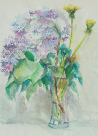 A bouquet of lilacs in a watercolor vase. A delicate spring bouquet with dandelions. Light sketch with watercolor paints on paper. Author's work. Layout for postcards, covers, holiday illustrationsの写真素材