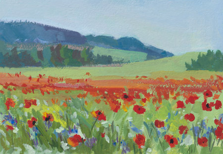 Poppy field gouache painting. Summer landscape with red flowers on the background of mountains. Original author's painting, illustration for notebooks, sketchbooks, albums for creativity. Plein airの写真素材