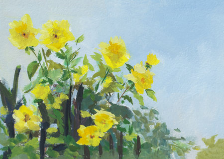Yellow roses gouache painting. Bright flowers bloomed in the garden. Yellow roses against a blue sky. Author's illustration on paper. Creative design for postcards, packages, greetings. Modern artの写真素材
