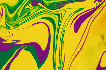 Yellow green purple fluid art, abstract creative trend background. Dynamic lines, movement, burst of emotions, passion, freedom. Form of presentation of websites, booklets, leaflets, business cardsの写真素材