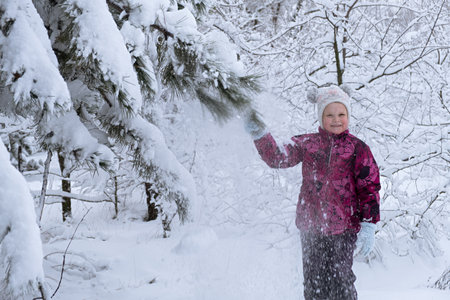 Child snow is having fun. A little girl in a winter forest. He throws snow from the fir branches and laughs. The concept of childhood, carelessness and winter fun. Adventures in the winter forest.の写真素材
