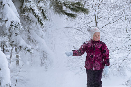 Child snow is having fun. A little girl in a winter forest. He throws snow from the fir branches and laughs. The concept of childhood, carelessness and winter fun. Adventures in the winter forest.の写真素材