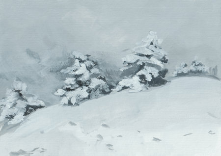 Snow-covered trees black and white painting. Gouache drawing of a winter landscape. The author's handmade illustration. the concept of winter holidays outdoor travel. Christmas card design. copy spaceの写真素材
