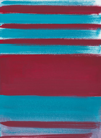 Red and blue striped background gouache painting. Abstract turquoise-crimson geometric pattern. Conceptual author's illustration. The modern art of minimalism. The layout for the design is verticalの写真素材