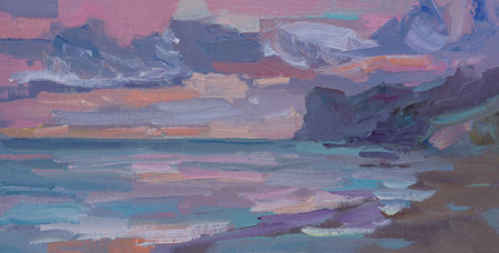 Seascape sunset oil painting. Painting pink sunset on the sea. Summer background in delicate pastel blue shades. The concept of calm and tranquility. Horizontal artistic background for the design.の写真素材