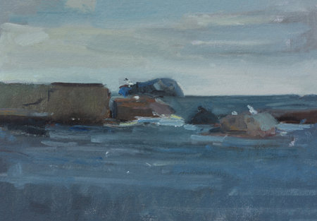 Sea stones oil painting. Summer abstract art background. Natural dark blue wavy texture. Impressionist paintings. Seascape from the plein-air. The concept of summer holidays. Contemporary artの写真素材