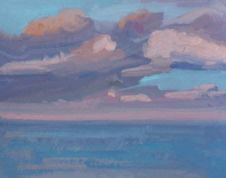 Pink clouds oil painting. Abstract pictorial sketch from nature in the open air. Natural artistic background. Handmade with oil paints. Artwork, painting. Layout for postcards, posters, notebooks.の写真素材